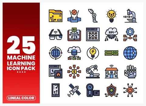 Machine learning icons in lineal color style. diverse technology symbols. v.. Stock Illustration