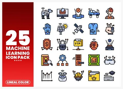 Machine Learning Icons in Lineal Color for Digital Design Stock Illustration