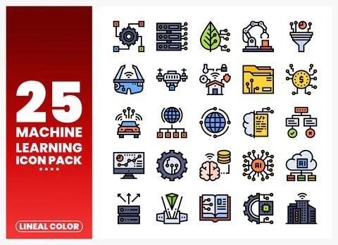 Machine learning icons in lineal color style on a white background Stock Illustration