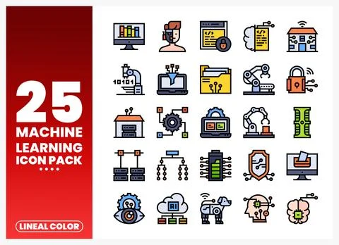 Machine learning icons in lineal color. showcasing technology and AI concep.. Illustrazione stock