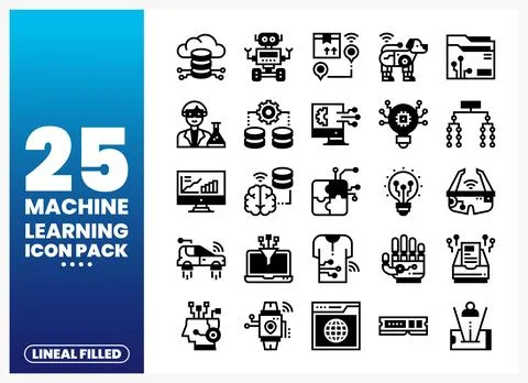 Machine Learning Icons - Lineal Filled Illustration Stock Illustration