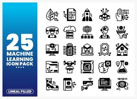 Machine Learning icons in a lineal filled style on a blue gradient background Illustrazione stock
