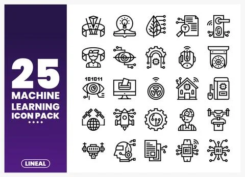 Machine Learning Icons  Lineal Style Stock Illustration