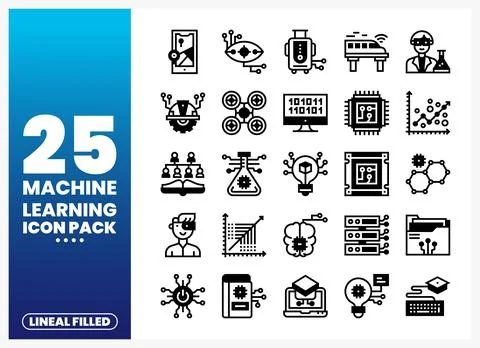 Machine learning icons in a linear filled style on a blue gradient background Stock Illustration
