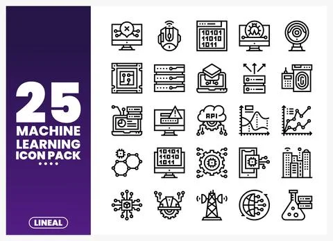 Machine Learning Icons in Linear Style on White Background Stock Illustration