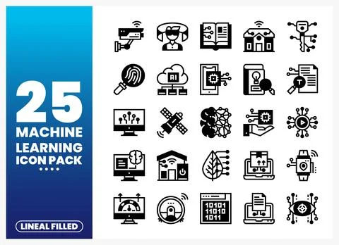 Machine Learning Icons Pack with AI. Cloud. Security. and Data elements Stockillustratie