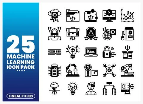 Machine Learning Icons Pack for AI Technology and Data Science Stockillustratie