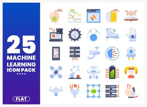 Machine Learning Icons Pack AI brain. data graphs. and robots on white back.. Stockillustratie