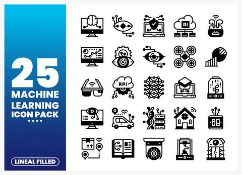 Machine Learning Icons Pack with AI. Automation. and Data Visualization Symbo Stock Illustration