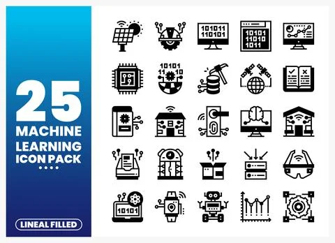 Machine Learning Icons Pack with Binary Code and Technology Elements 스톡 일러스트