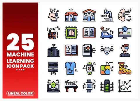 Machine learning icons pack with digital brain and AI technology Stock Illustration