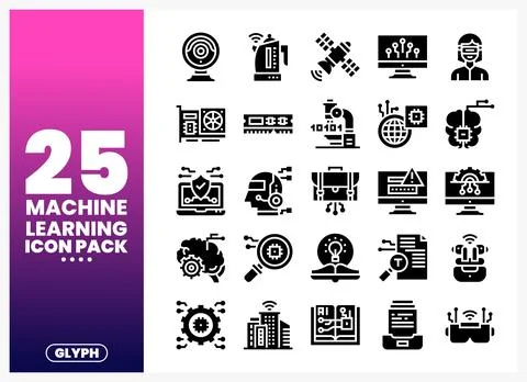 Machine Learning Icons Pack featuring technology. AI. and data symbols Stock Illustration