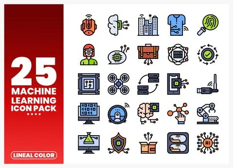 Machine learning icons pack featuring technology. data. and AI concepts in .. Stock Illustration