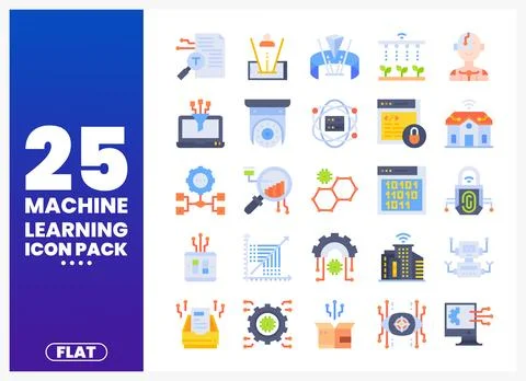 Machine learning icons pack featuring flat graphic illustrations. Digital t.. イラスト素材