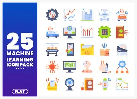 Machine Learning Icons Pack with Flat Design and Technology Elements Illustrazione stock