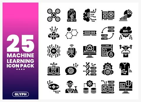 Machine Learning Icons Pack. Glyph Style. Technology. AI. Data Science Stock Illustration