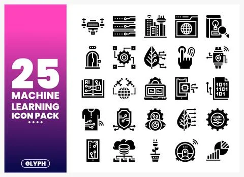 Machine learning icons pack with glyphs on white background Stock Illustration