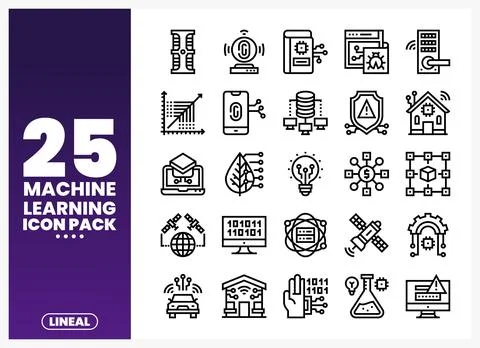 Machine learning icons pack with lineal illustrations and graphics. Stock Illustration