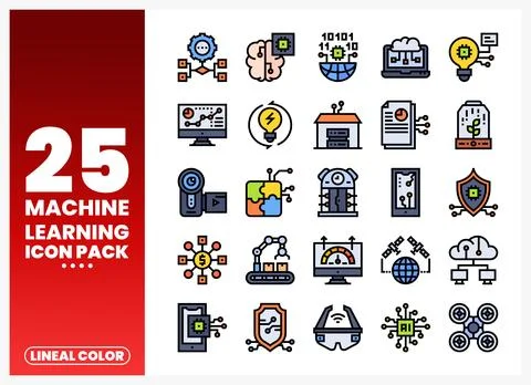 Machine Learning Icons Pack in Lineal Color Style Stock Illustration
