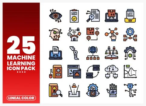 Machine Learning Icons Pack in Lineal Color Style Stock Illustration