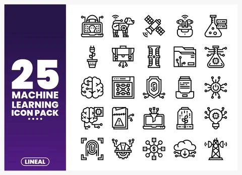 Machine Learning Icons Pack Lineal Technology Icons with AI. Data. and Scie.. Stock Illustration