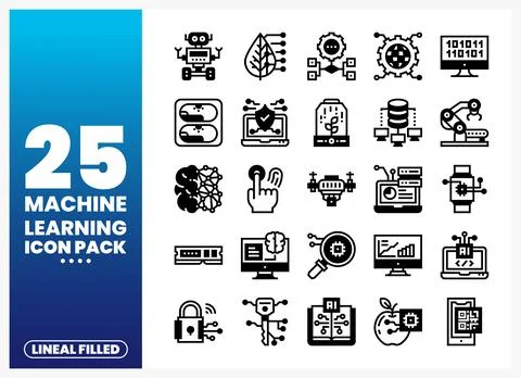 Machine Learning Icons Pack with Linear Filled Style Stock Illustration