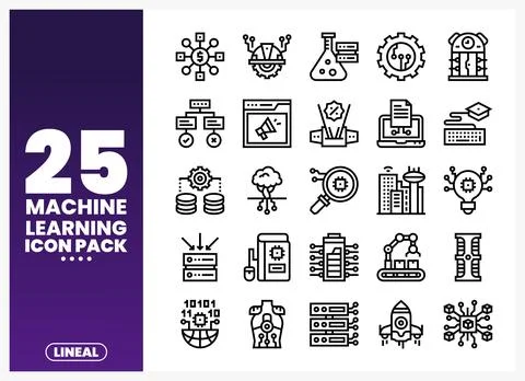 Machine Learning Icons Pack with Linear Style Stock Illustration