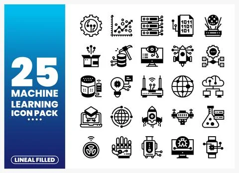 Machine Learning Icons Pack with Tech Elements and Data Visualizations Stock Illustration