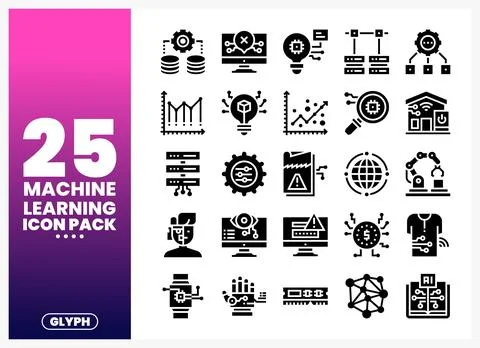 Machine Learning Icons Pack with Technology and AI Symbols Stock Illustration