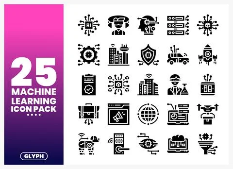 Machine learning icons pack with technology and AI symbols Stock Illustration