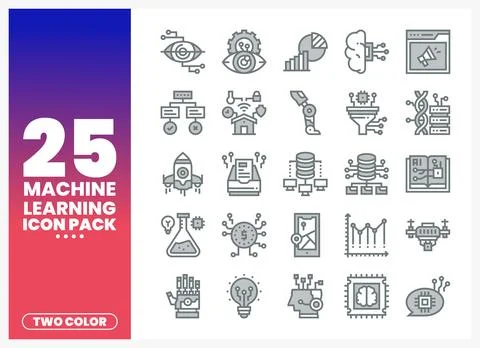 Machine learning icons pack with two-color design on a gradient background Stock Illustration