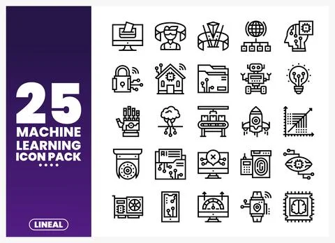 Machine learning icons pack with vector graphics on a white background. Stock Illustration