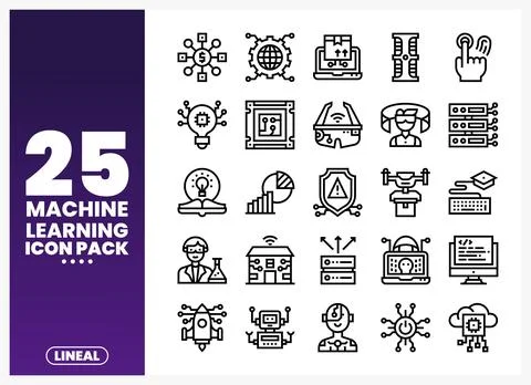 Machine learning icons pack on white background with purple gradient Illustrazione stock