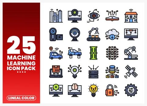 Machine learning icons presented in a clean lineal color design on a white .. Illustration