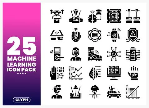 Machine learning icons presented in a glyph pack on a white background Stock Illustration