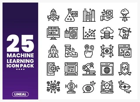 Machine learning icons representing AI. data. and innovation on a clean whi.. Stock Illustration