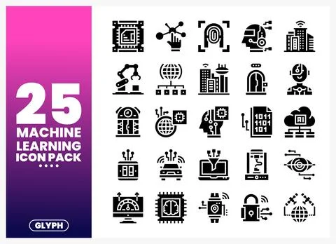 Machine Learning Icons representing technology. AI. and data. displayed on .. Stock Illustration