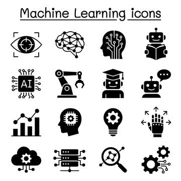 Machine learning icons set with AI chip, robot, brain, eye scanner, robotic.. Illustrazione stock