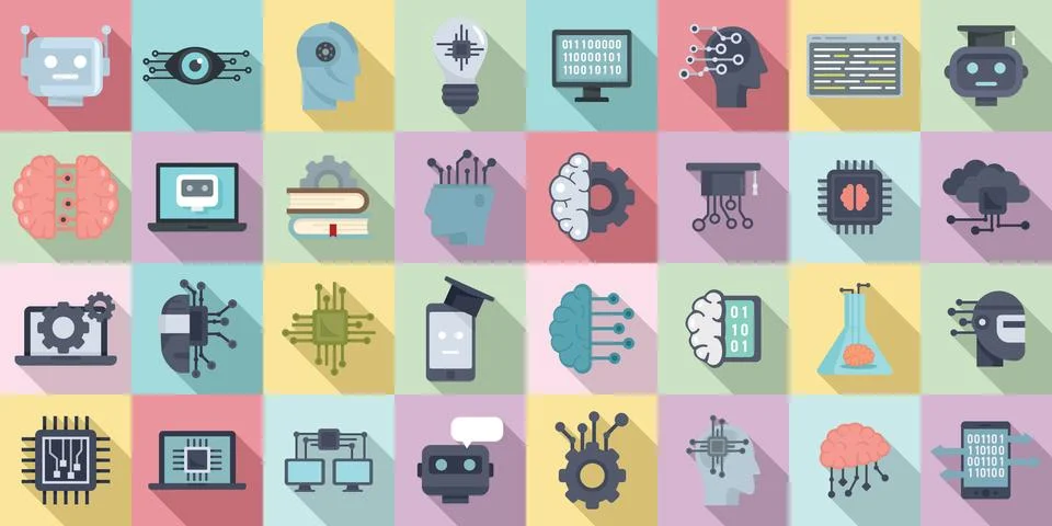 Machine learning icons set, flat style イラスト素材