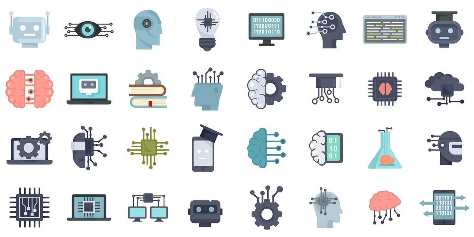 Machine learning icons set flat isolated 스톡 일러스트