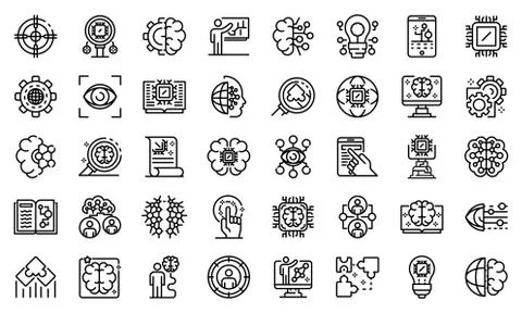Machine learning icons set, outline style Stock Illustration