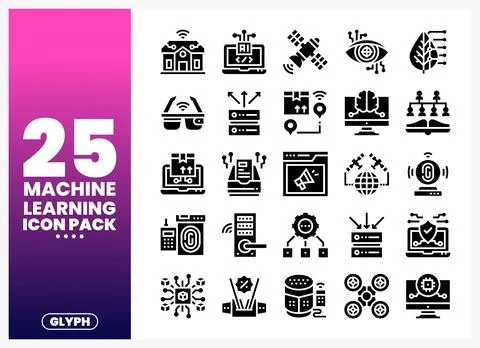 Machine learning icons set. representing AI. data. and technology with a cl.. Stock Illustration