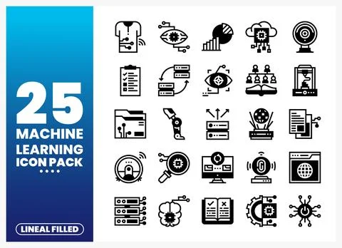 Machine learning icons set with technology and data science symbols. Lineal.. Stockillustratie