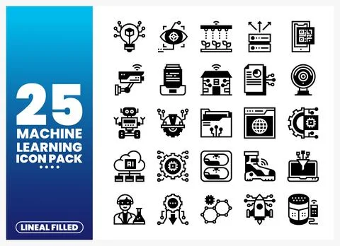 Machine learning icons showcasing AI concepts on a blue gradient background Stock Illustration