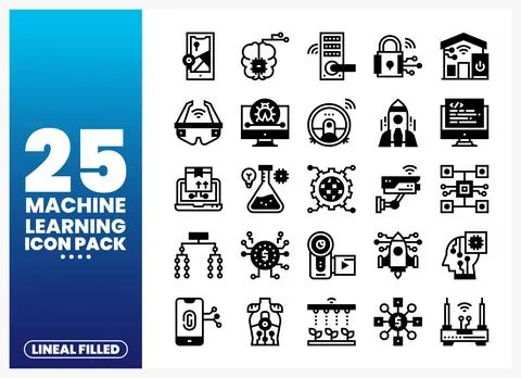 Machine Learning Icons with Tech AI Concepts Stock Illustration