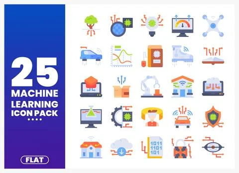 Machine learning icons for tech industry projects. flat design. digital ill.. Stock Illustration