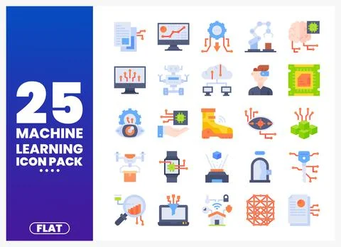 Machine learning icons with technology and innovation elements on a blue an.. Stock Illustration