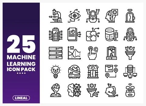 Machine Learning Icons with Technology and Data Visualizations Stock Illustration