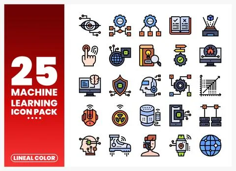 Machine learning icons with technology and data themes on a white background Stock Illustration