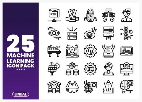 Machine Learning Icons with Technology and Data Concepts Stock Illustration